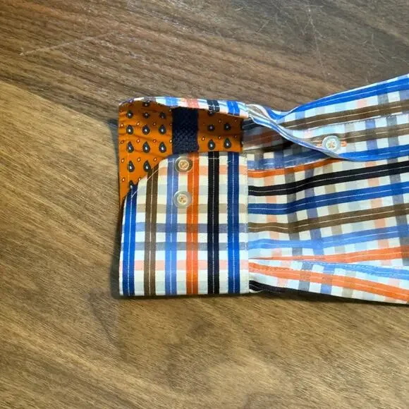 Luchiano Visconti Men's Size L Button-Down Shirt  Plaid Orange Blue Black Brown - Picture 5 of 6